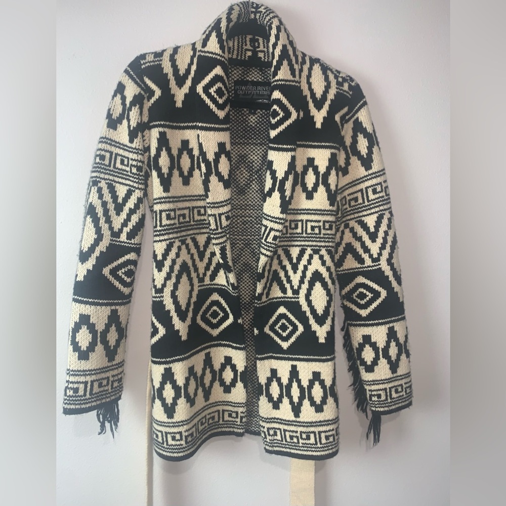 Ladies Powder River Outfitters Cream Aztec Lapel Fringe Knit Cardigan Small - Picture 4 of 9